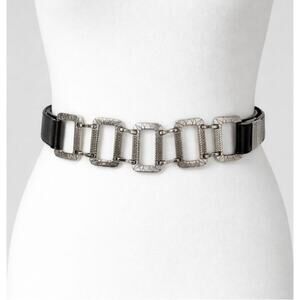 Chico's Silver Tone Geometric Link Stretch Belt Black Faux Leather M/L Statement